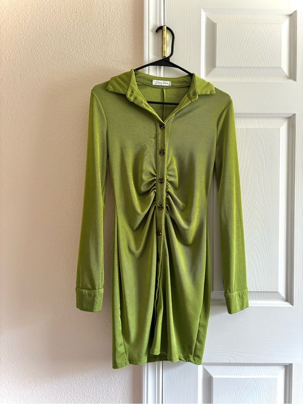 Emory Park Lime Green Ruched Button Front Collared Long Sleeve Mini Dress S